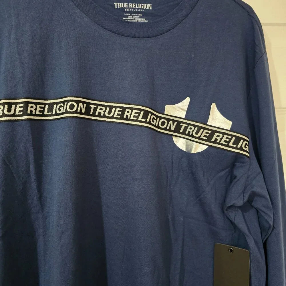 True Religion Men's Foil Taping Long‎ Sleeve T-Shirt Blue Size L New with Tags